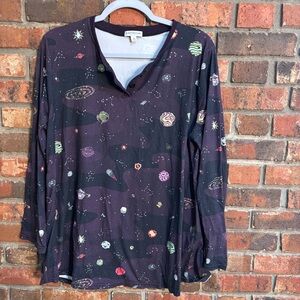 Earthbound Trading cosmic space long sleeve henley top purple Large
